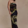 Amaya Strapless Chiffon Maxi Dress – Green Fluid Reverie Print