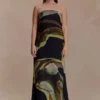 Amaya Strapless Chiffon Maxi Dress – Green Fluid Reverie Print