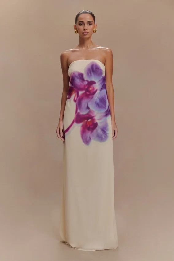 Amaya Strapless Chiffon Maxi Dress – Ivory Koi Orchid Print Amaya Strapless Chiffon Maxi Dress – Ivory Koi Orchid Print