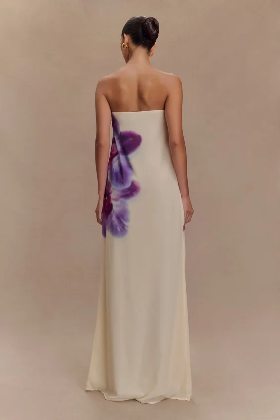 Amaya Strapless Chiffon Maxi Dress – Ivory Koi Orchid Print Amaya Strapless Chiffon Maxi Dress – Ivory Koi Orchid Print