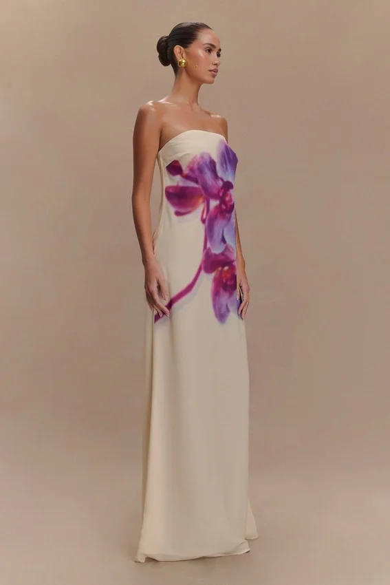 Amaya Strapless Chiffon Maxi Dress – Ivory Koi Orchid Print Amaya Strapless Chiffon Maxi Dress – Ivory Koi Orchid Print
