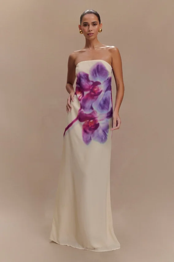 Amaya Strapless Chiffon Maxi Dress – Ivory Koi Orchid Print Amaya Strapless Chiffon Maxi Dress – Ivory Koi Orchid Print