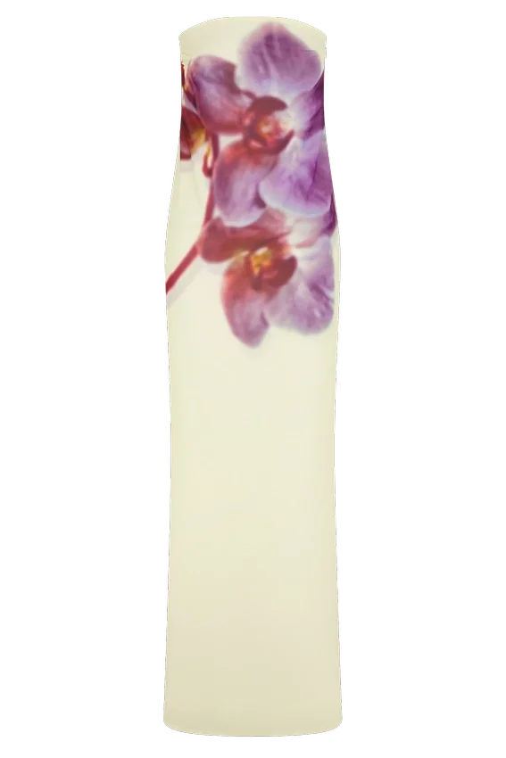 Amaya Strapless Chiffon Maxi Dress – Ivory Koi Orchid Print Amaya Strapless Chiffon Maxi Dress – Ivory Koi Orchid Print