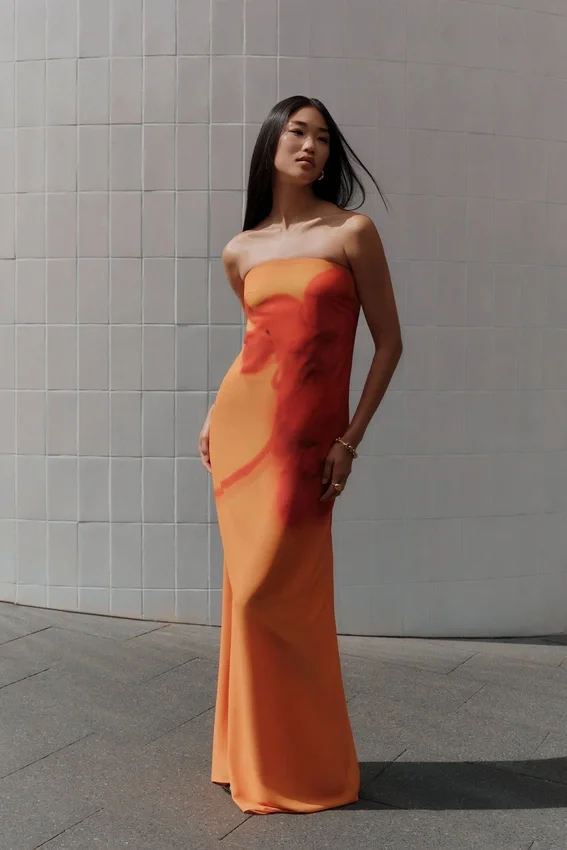 Amaya Strapless Chiffon Maxi Dress – Koi Orchid Print Amaya Strapless Chiffon Maxi Dress – Koi Orchid Print