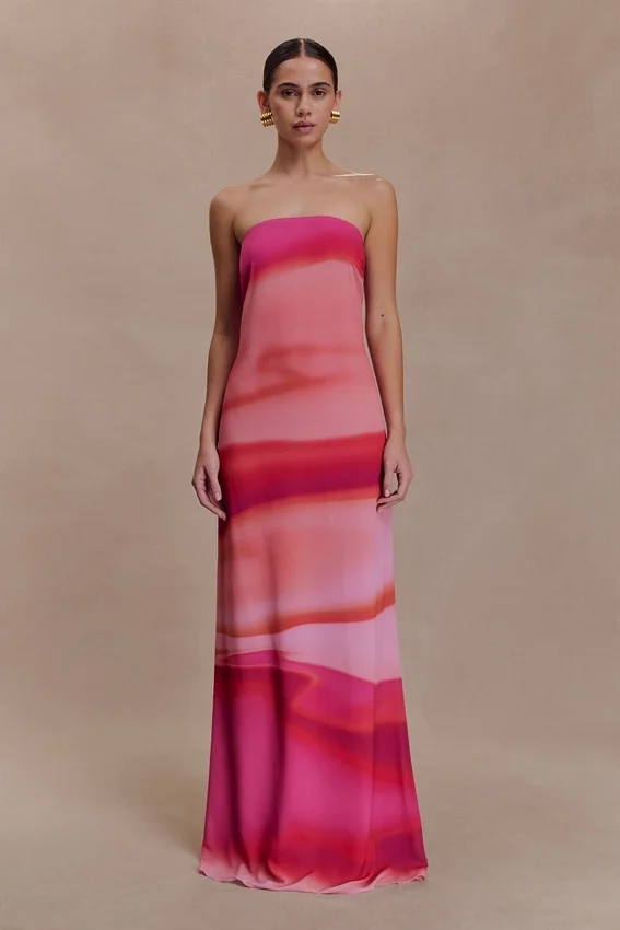 Amaya Strapless Chiffon Maxi Dress – Pink Sunset Print Amaya Strapless Chiffon Maxi Dress – Pink Sunset Print