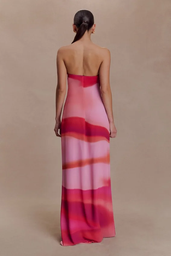 Amaya Strapless Chiffon Maxi Dress – Pink Sunset Print Amaya Strapless Chiffon Maxi Dress – Pink Sunset Print
