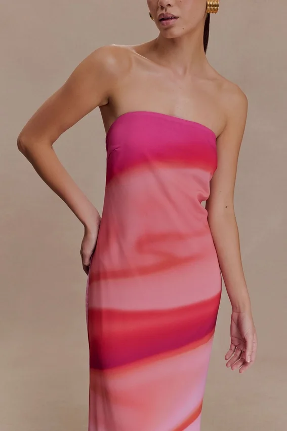 Amaya Strapless Chiffon Maxi Dress – Pink Sunset Print Amaya Strapless Chiffon Maxi Dress – Pink Sunset Print