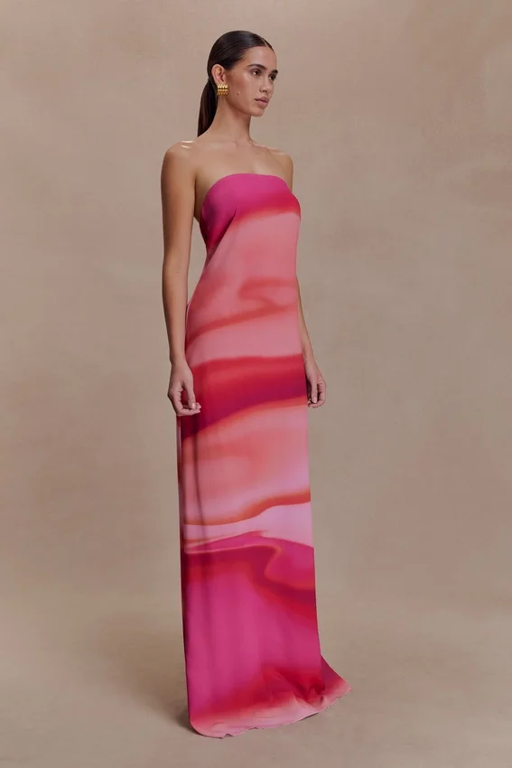 Amaya Strapless Chiffon Maxi Dress – Pink Sunset Print Amaya Strapless Chiffon Maxi Dress – Pink Sunset Print