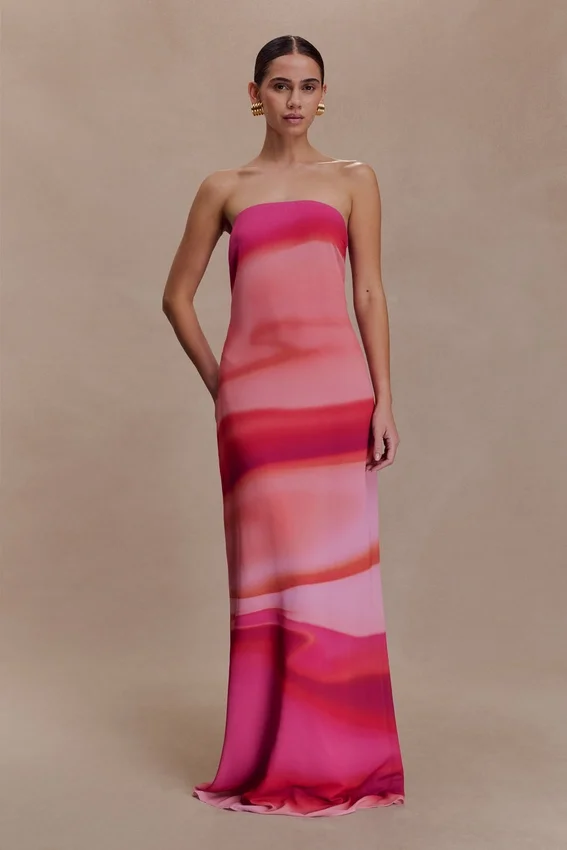 Amaya Strapless Chiffon Maxi Dress – Pink Sunset Print Amaya Strapless Chiffon Maxi Dress – Pink Sunset Print