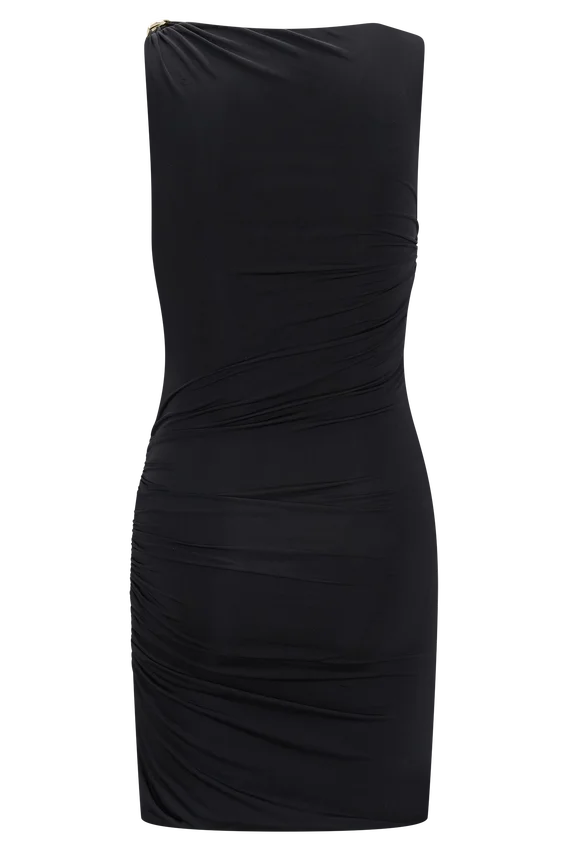 Amia Slinky Sleeveless Mini Dress With Hardware – Black Amia Slinky Sleeveless Mini Dress With Hardware – Black