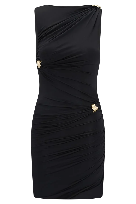 Amia Slinky Sleeveless Mini Dress With Hardware – Black Amia Slinky Sleeveless Mini Dress With Hardware – Black