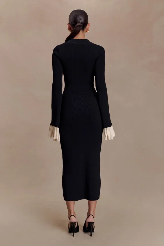 Amirose Ruffle Knit Midi Dress – Black Amirose Ruffle Knit Midi Dress – Black
