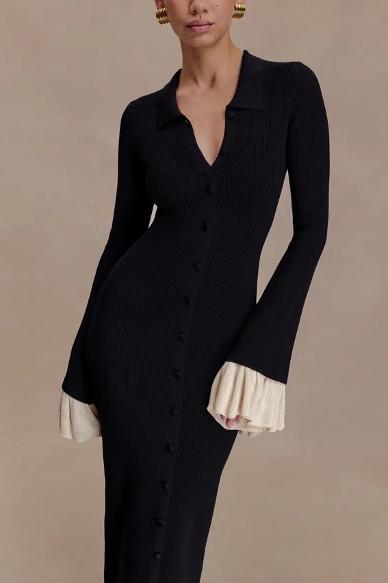 Amirose Ruffle Knit Midi Dress – Black Amirose Ruffle Knit Midi Dress – Black