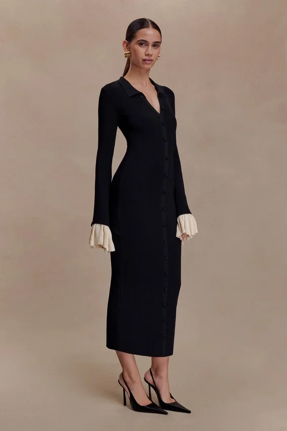 Amirose Ruffle Knit Midi Dress – Black Amirose Ruffle Knit Midi Dress – Black