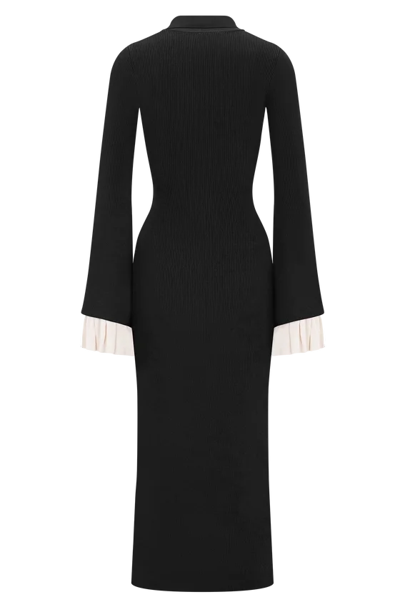 Amirose Ruffle Knit Midi Dress – Black Amirose Ruffle Knit Midi Dress – Black