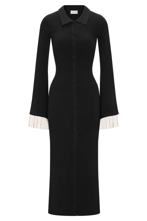 Amirose Ruffle Knit Midi Dress – Black Amirose Ruffle Knit Midi Dress – Black