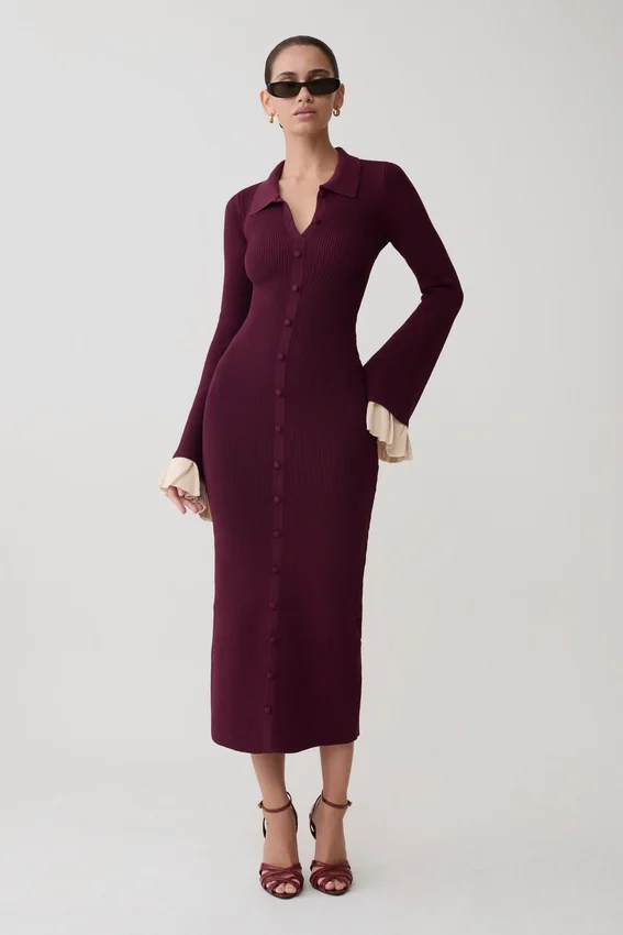 Amirose Ruffle Knit Midi Dress – Plum Amirose Ruffle Knit Midi Dress – Plum