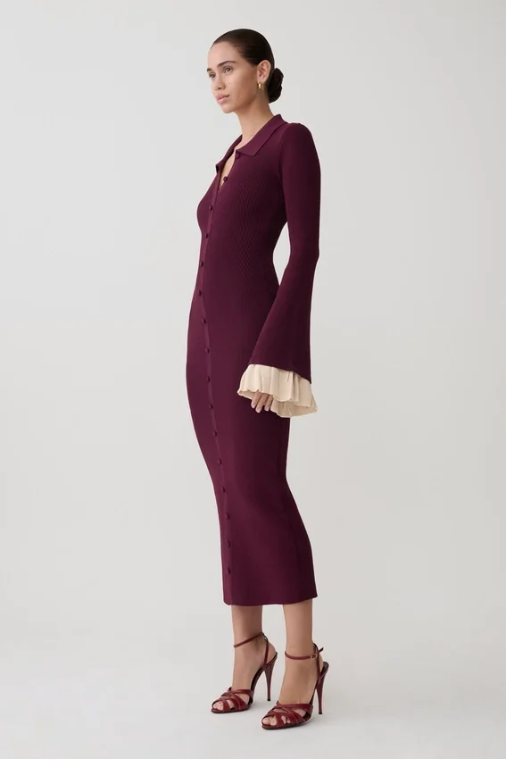 Amirose Ruffle Knit Midi Dress – Plum Amirose Ruffle Knit Midi Dress – Plum