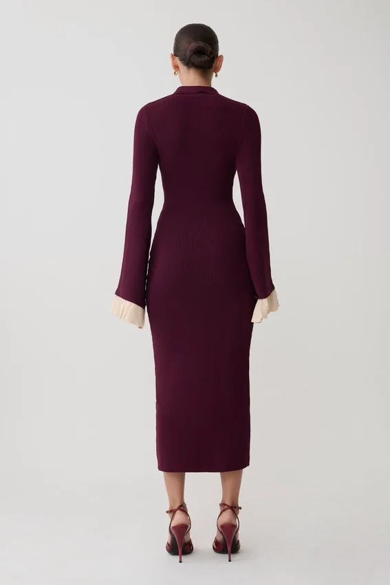 Amirose Ruffle Knit Midi Dress – Plum Amirose Ruffle Knit Midi Dress – Plum