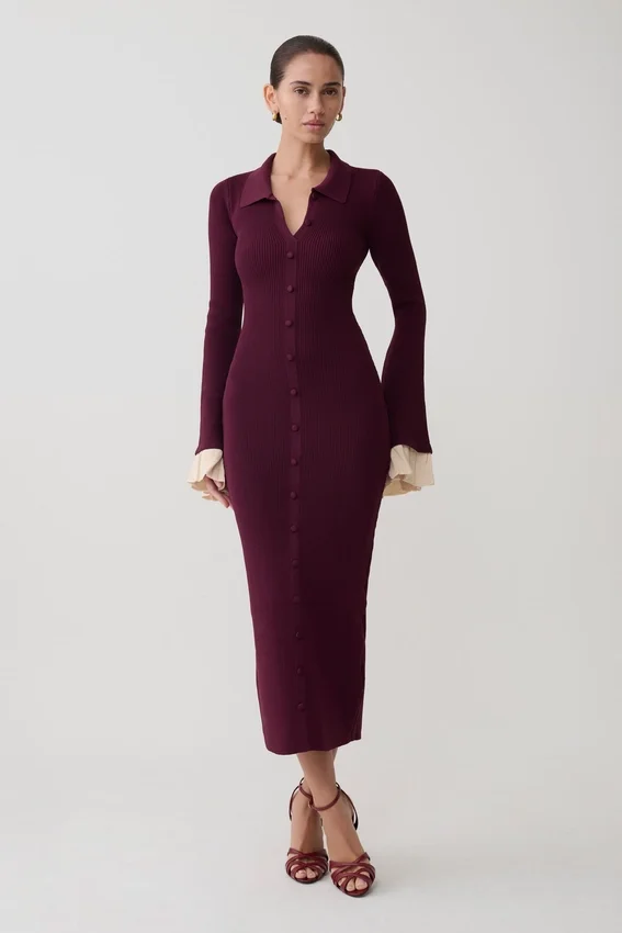 Amirose Ruffle Knit Midi Dress – Plum Amirose Ruffle Knit Midi Dress – Plum