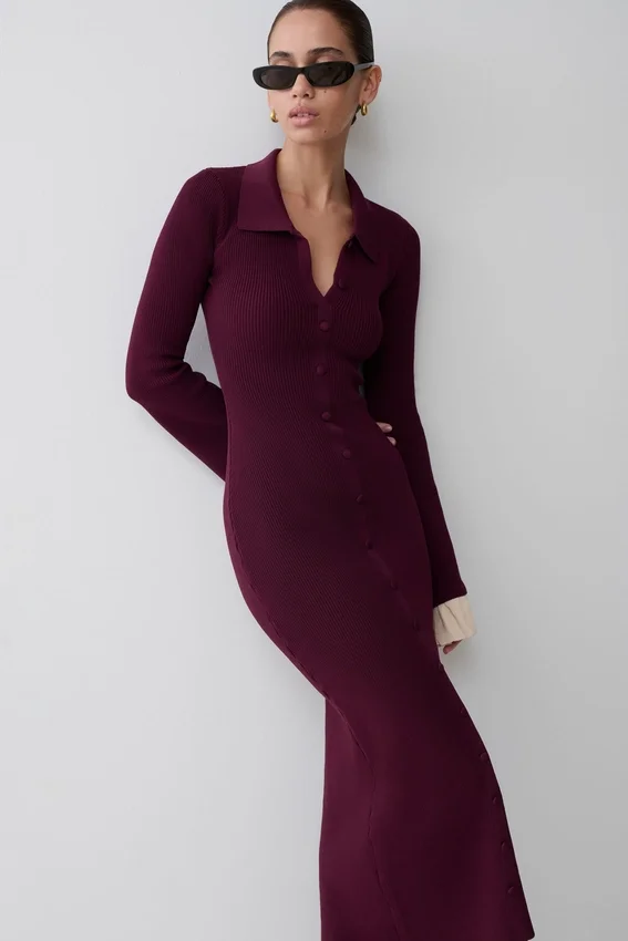 Amirose Ruffle Knit Midi Dress – Plum Amirose Ruffle Knit Midi Dress – Plum