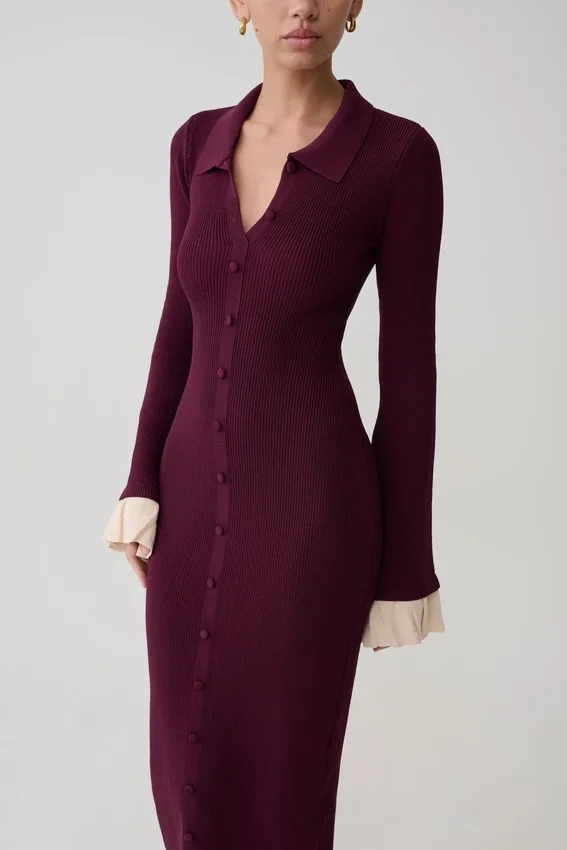 Amirose Ruffle Knit Midi Dress – Plum Amirose Ruffle Knit Midi Dress – Plum