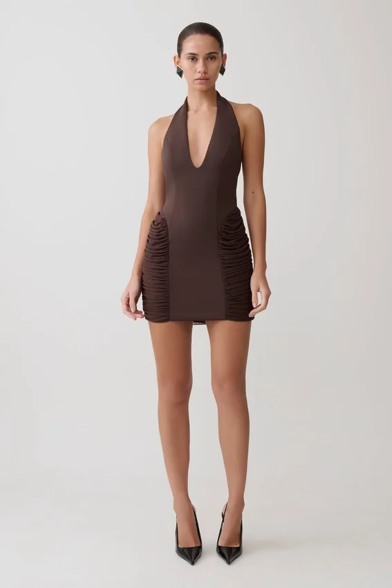 Anari Gathered Scuba Mini Dress – Dark Chocolate Anari Gathered Scuba Mini Dress – Dark Chocolate
