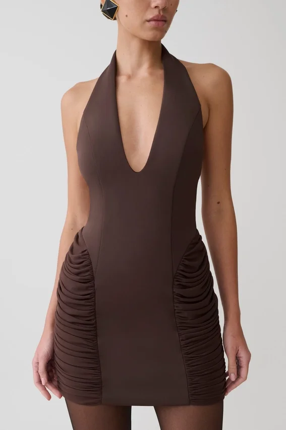 Anari Gathered Scuba Mini Dress – Dark Chocolate Anari Gathered Scuba Mini Dress – Dark Chocolate