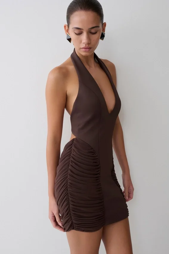 Anari Gathered Scuba Mini Dress – Dark Chocolate Anari Gathered Scuba Mini Dress – Dark Chocolate