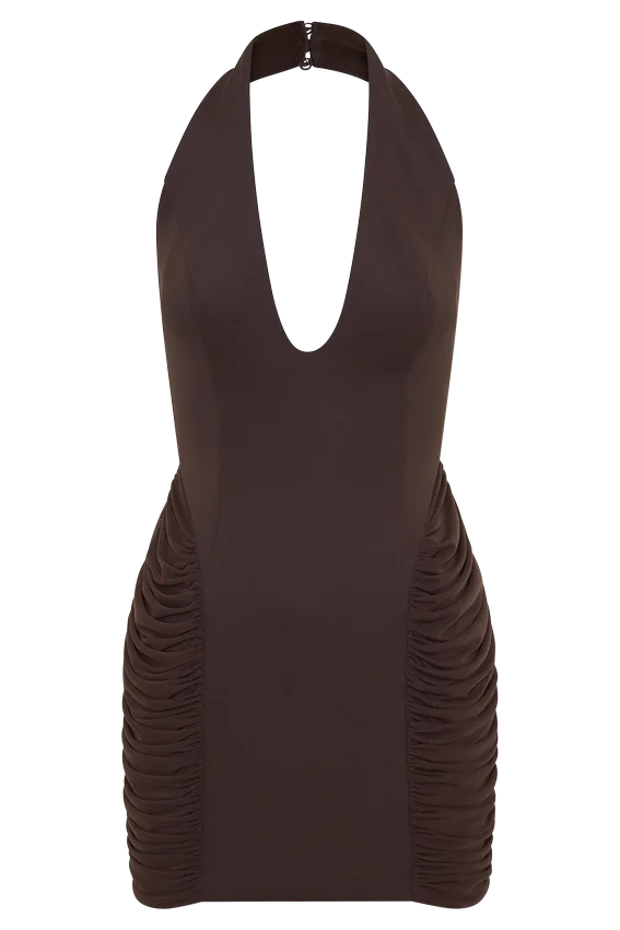 Anari Gathered Scuba Mini Dress – Dark Chocolate Anari Gathered Scuba Mini Dress – Dark Chocolate