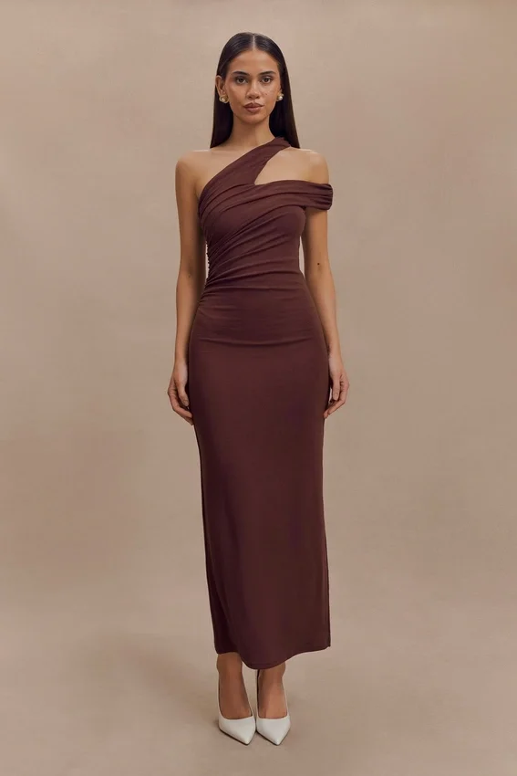Anastasia One Shoulder Modal Midi Dress – Mahogany Anastasia One Shoulder Modal Midi Dress – Mahogany