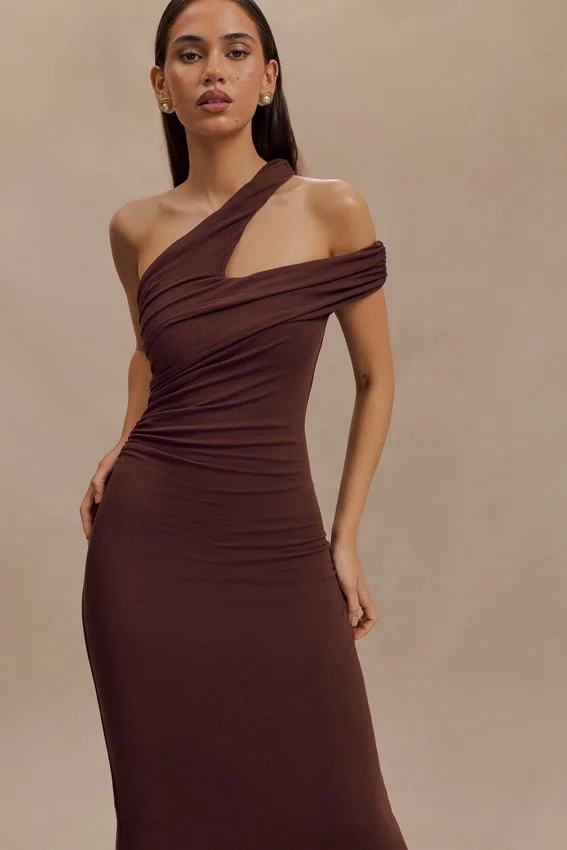 Anastasia One Shoulder Modal Midi Dress – Mahogany Anastasia One Shoulder Modal Midi Dress – Mahogany