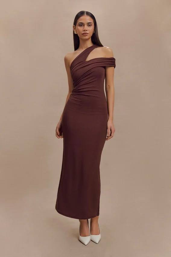 Anastasia One Shoulder Modal Midi Dress – Mahogany Anastasia One Shoulder Modal Midi Dress – Mahogany