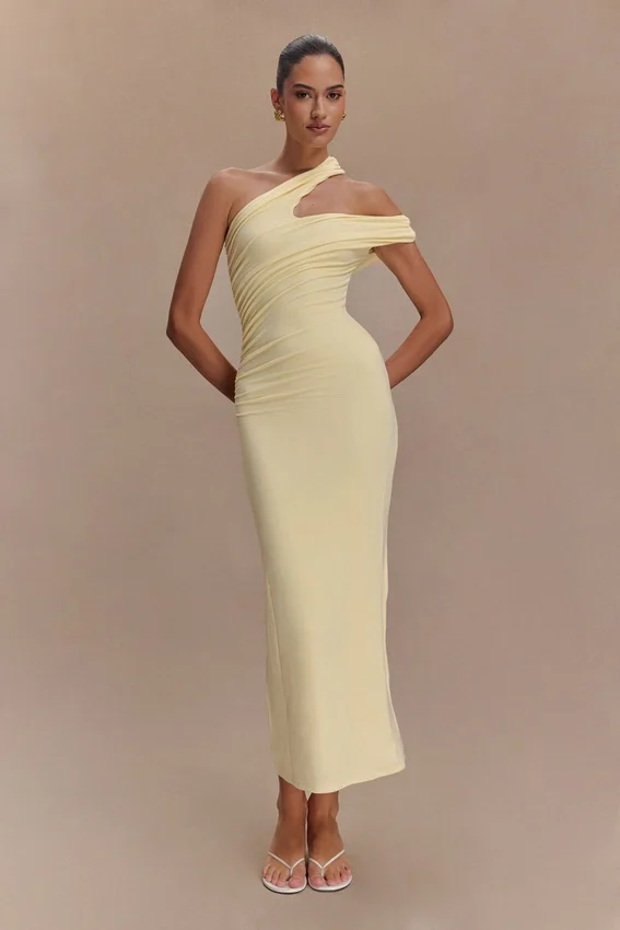 Anastasia One Shoulder Modal Midi Dress – Pale Lemon Anastasia One Shoulder Modal Midi Dress – Pale Lemon