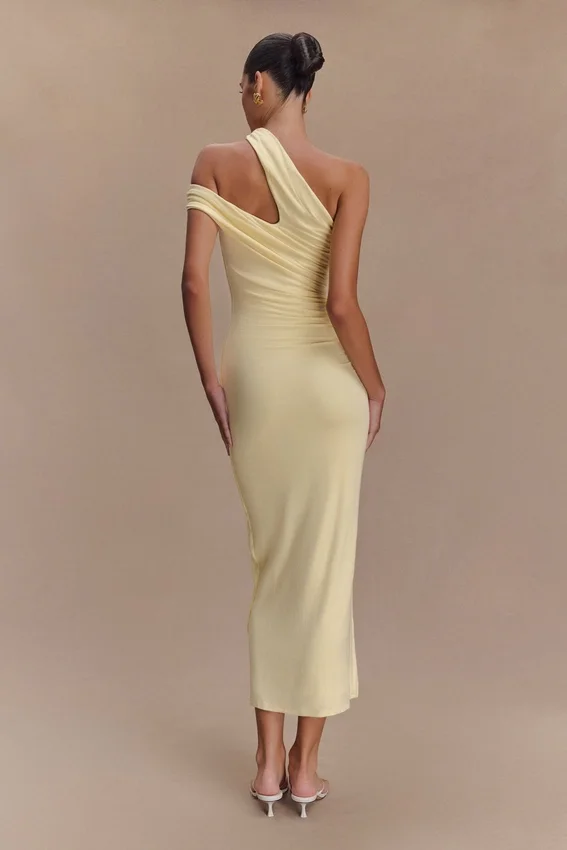 Anastasia One Shoulder Modal Midi Dress – Pale Lemon Anastasia One Shoulder Modal Midi Dress – Pale Lemon