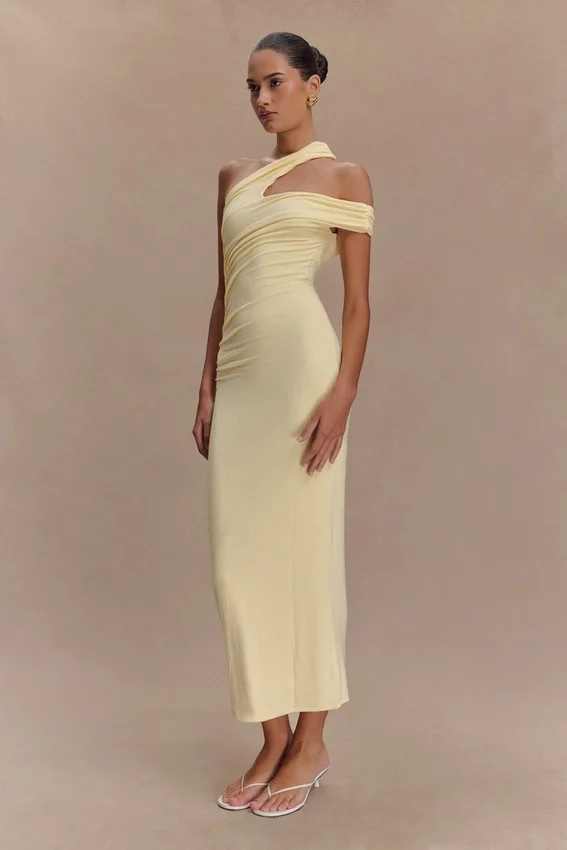 Anastasia One Shoulder Modal Midi Dress – Pale Lemon Anastasia One Shoulder Modal Midi Dress – Pale Lemon