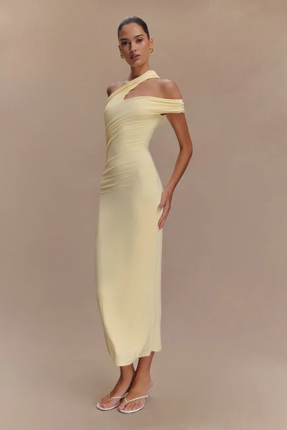 Anastasia One Shoulder Modal Midi Dress – Pale Lemon Anastasia One Shoulder Modal Midi Dress – Pale Lemon