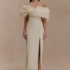 Angelica Taffeta Off Shoulder Bridal Gown – Soft Beige