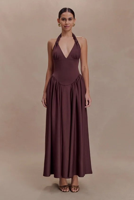 Angelina Scuba Halter Midi Dress – Chocolate Angelina Scuba Halter Midi Dress – Chocolate