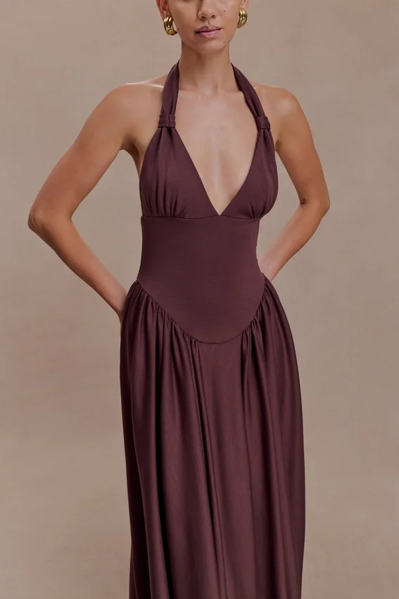 Angelina Scuba Halter Midi Dress – Chocolate Angelina Scuba Halter Midi Dress – Chocolate