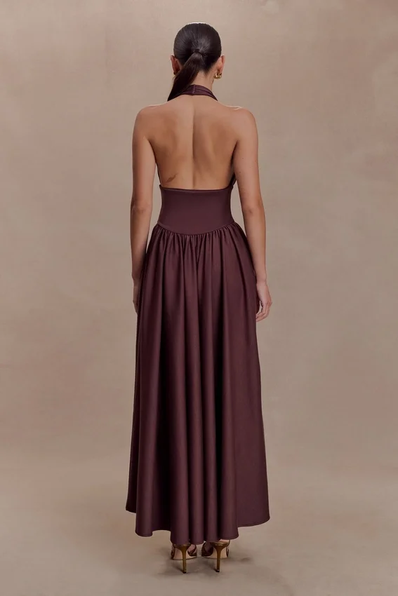Angelina Scuba Halter Midi Dress – Chocolate Angelina Scuba Halter Midi Dress – Chocolate