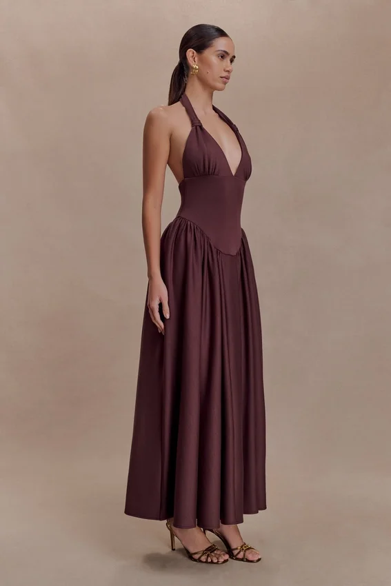 Angelina Scuba Halter Midi Dress – Chocolate Angelina Scuba Halter Midi Dress – Chocolate