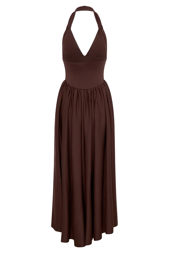 Angelina Scuba Halter Midi Dress – Chocolate Angelina Scuba Halter Midi Dress – Chocolate