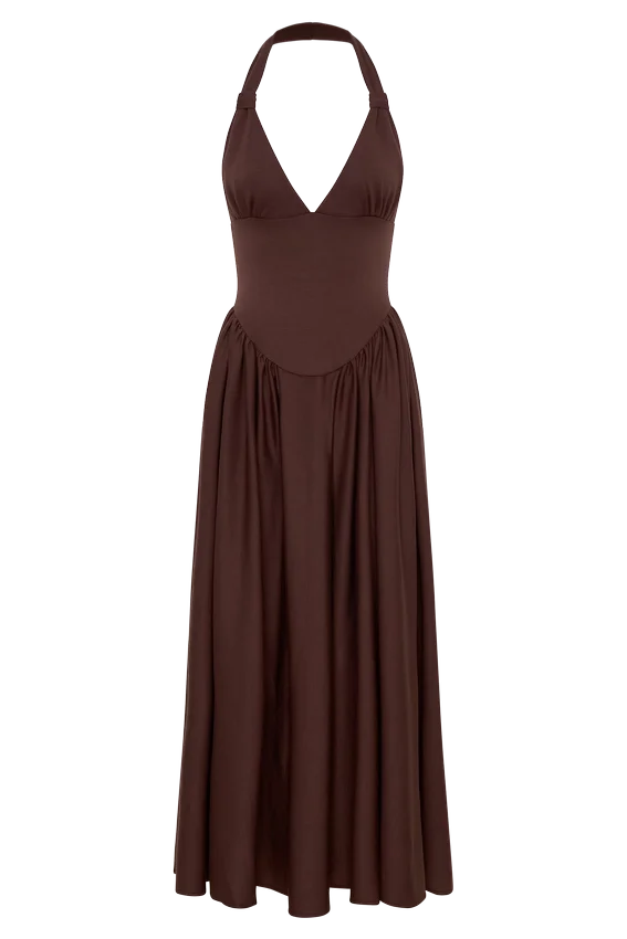 Angelina Scuba Halter Midi Dress – Chocolate Angelina Scuba Halter Midi Dress – Chocolate