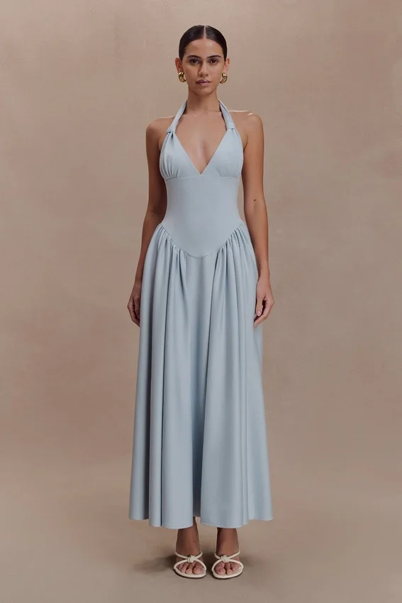 Angelina Scuba Halter Midi Dress – Pale Blue Angelina Scuba Halter Midi Dress – Pale Blue