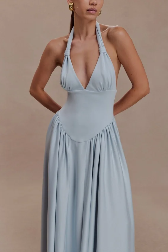 Angelina Scuba Halter Midi Dress – Pale Blue Angelina Scuba Halter Midi Dress – Pale Blue