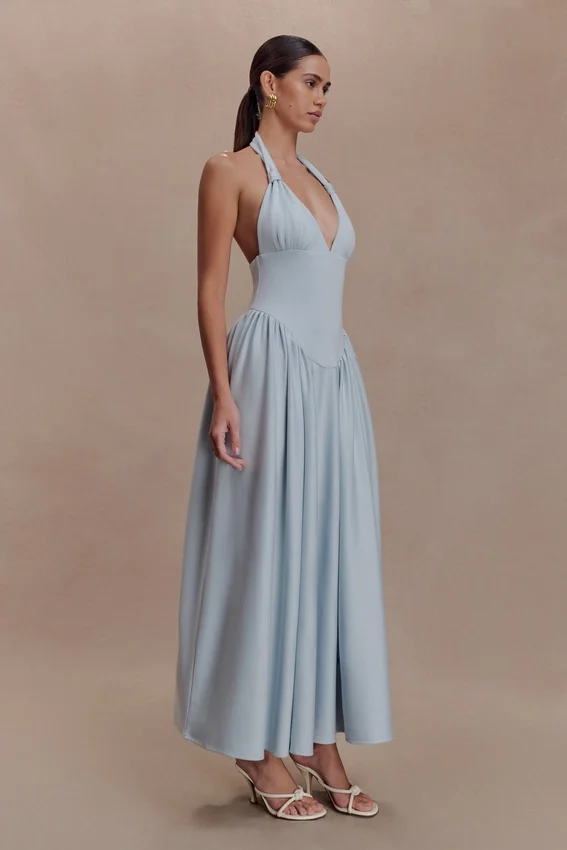 Angelina Scuba Halter Midi Dress – Pale Blue Angelina Scuba Halter Midi Dress – Pale Blue