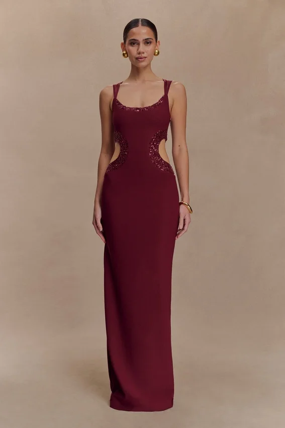 Angelique Beaded Crepe Maxi Dress – Wine Angelique Beaded Crepe Maxi Dress – Wine