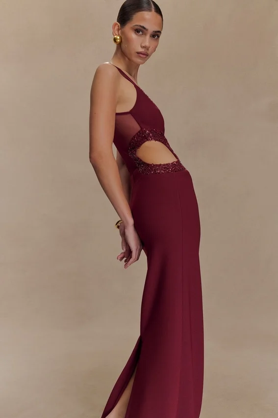 Angelique Beaded Crepe Maxi Dress – Wine Angelique Beaded Crepe Maxi Dress – Wine
