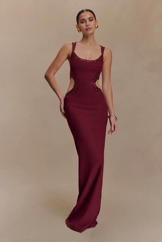 Angelique Beaded Crepe Maxi Dress – Wine Angelique Beaded Crepe Maxi Dress – Wine